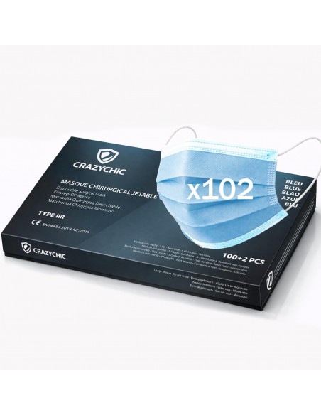 Masque chirurgical norme CE EN14683 type IIR - 102 pièces BLEU