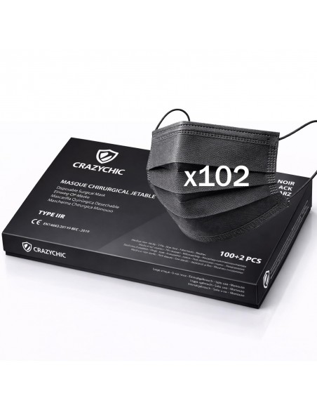 Masque chirurgical norme CE EN14683 type IIR - 102 pièces NOIR