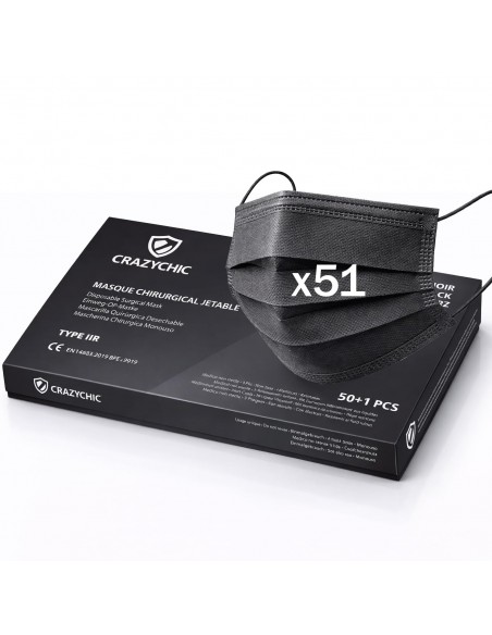 Masque chirurgical norme CE EN14683 type IIR - 51 pièces NOIR