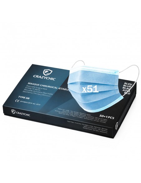 Masque chirurgical norme CE EN14683 type IIR - 51 pièces BLEU