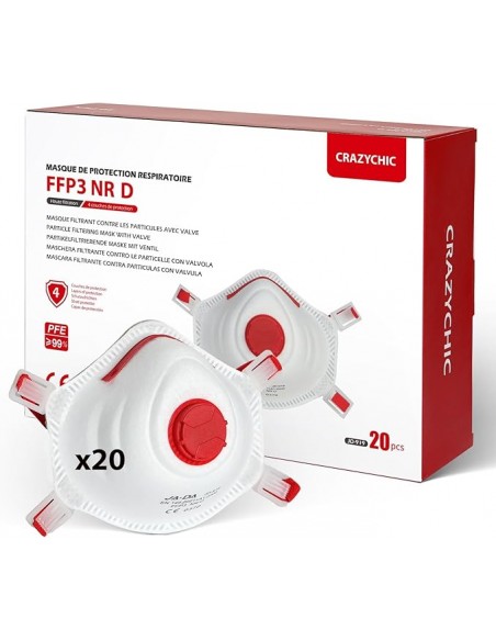 CRAZYCHIC - x20 Masque FFP3 NR D - Masque Coque Anti Poussière avec Valve Norme CE EN149